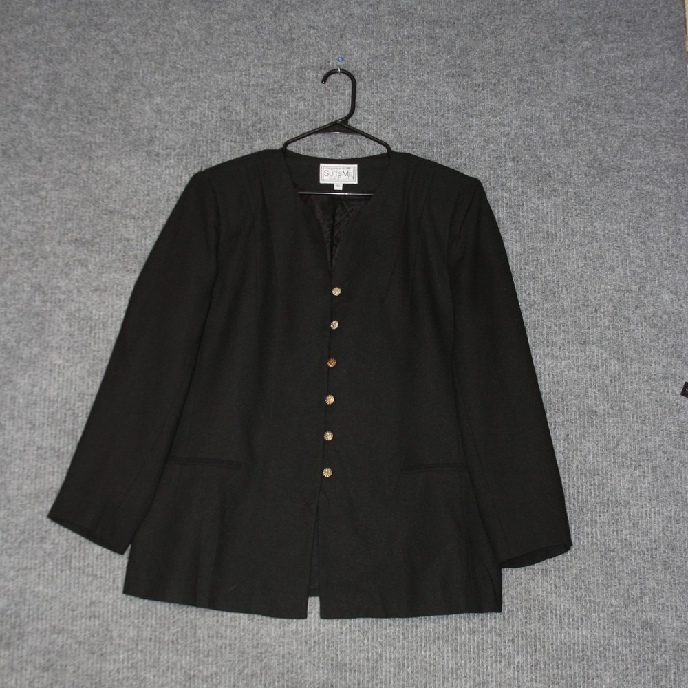 SuitsMe Women 16 Size Black Blazer Collarless Jacket Button Front Made in USA